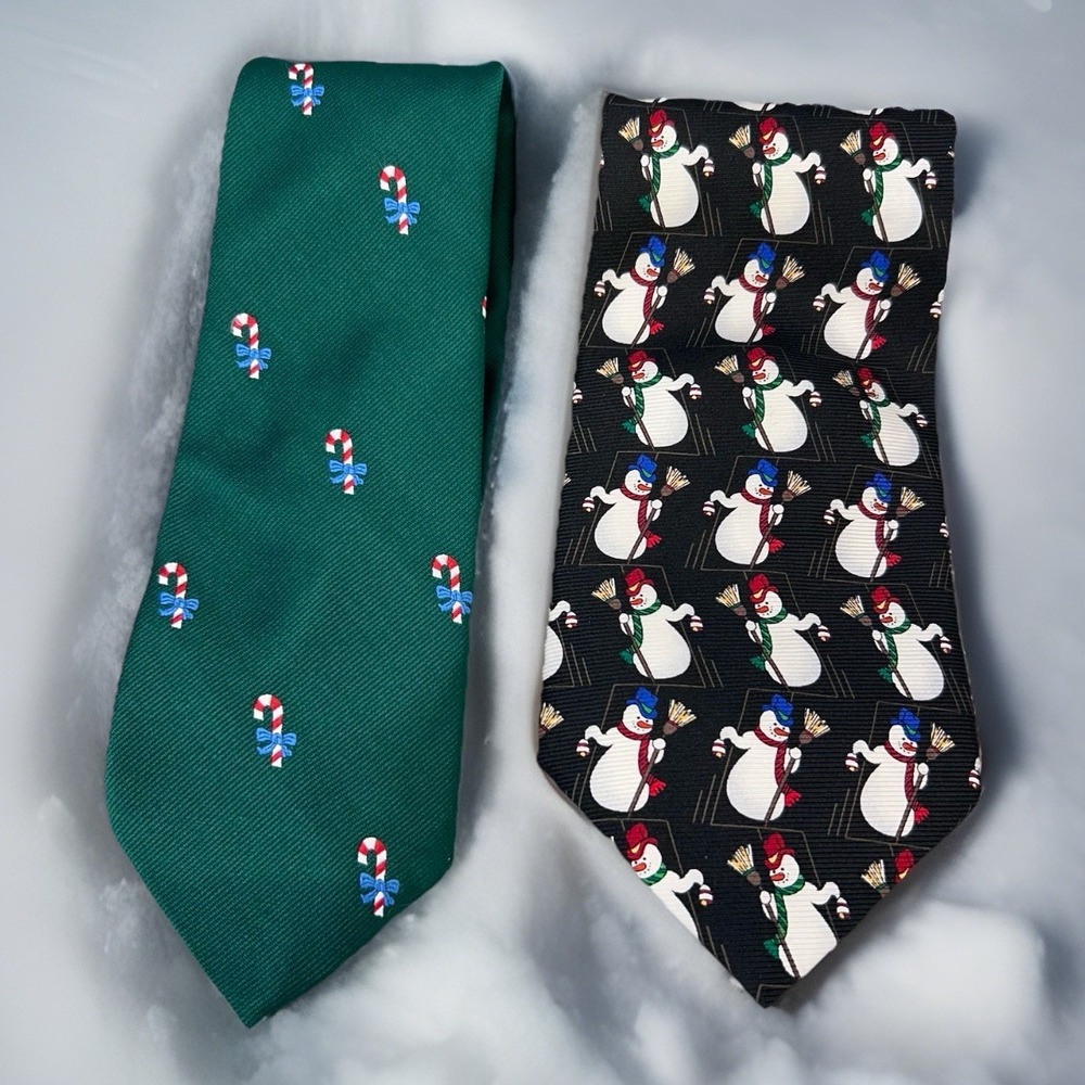 Christmas Tie Lot 2‎ Adolfo Candy Cane Seasonal Style Snowman Novelty